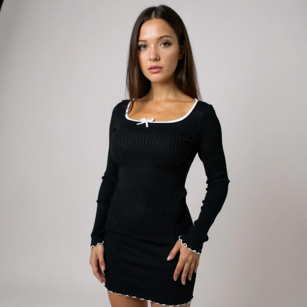 Zeitloses schwarzes Damen-Strickkleid mit Square-Neck und zartem Bow-Detail – perfektes little black dress für Alltag, Date-Night oder Party. Exklusiv erhältlich bei CasinoFashion in Winterthur.