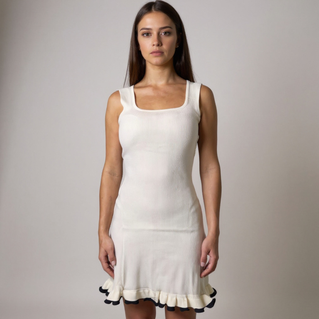 Frisches Damenkleid in Weiss mit verspieltem Rüschen-Detail – ideal für Sommer-Events, Strandtage oder Casual-Outfits. Feminines, figurbetontes Dress, exklusiv bei CasinoFashion in Winterthur.