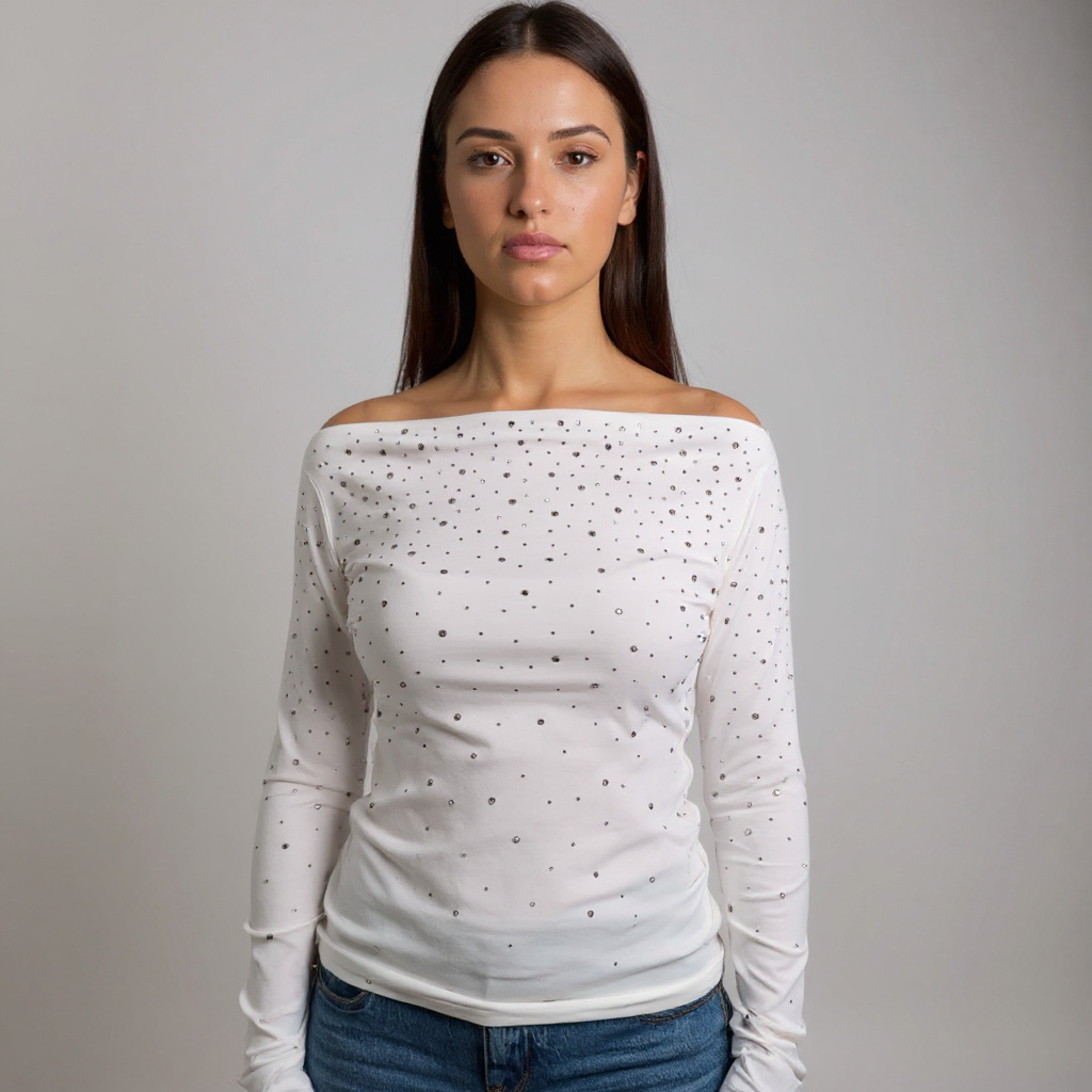 Feminines weißes Off-Shoulder-Top mit schimmernden Strasssteinen – stilvolles Longsleeve für elegante Outfits und besondere Anlässe. Exklusiv bei CasinoFashion in Winterthur.