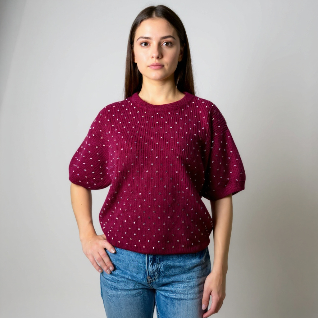 Edler bordeauxroter Strickpullover mit Puffärmeln – femininer Look für Alltag, Business oder elegante Anlässe. Jetzt bei CasinoFashion shoppen.