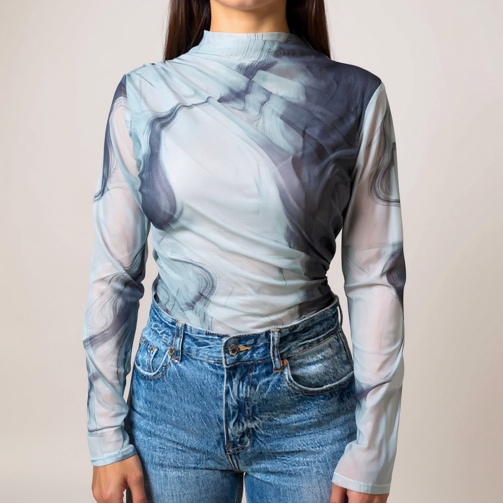 Trendiges Damen-Mesh-Longsleeve mit abstract marble print in Blau- und Grautönen – perfekt für Streetwear, Party- oder Casual-Looks. Leichtes, figurbetontes long sleeve top, ideal kombinierbar mit Jeans oder Skirts. Jetzt online shoppen bei CasinoFashion in Winterthur.