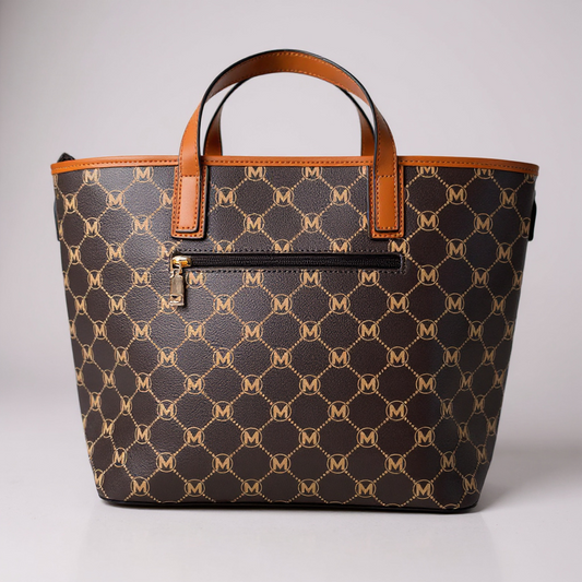 Luxuriöse Damen-Tote-Bag in Dunkelbraun mit goldbraunem Monogram-Print und edlen Ledergriffen – geräumige Handtasche für Alltag, Arbeit oder Shopping. Exklusiv bei CasinoFashion in Winterthur.