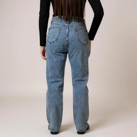 Klassische Wide Leg Damen-Jeans mit Strasssteinen in Blau – High-Waist Fit, ideal für Streetstyle, Office-Casual oder Freizeit-Looks. Erhältlich bei CasinoFashion in Winterthur.