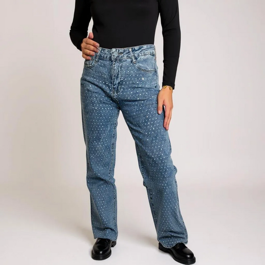 Klassische Wide Leg Damen-Jeans mit Strasssteinen in Blau – High-Waist Fit, ideal für Streetstyle, Office-Casual oder Freizeit-Looks. Erhältlich bei CasinoFashion in Winterthur.