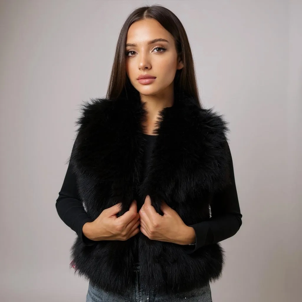 Stilvolle schwarze Damen-Fellweste – zeitloser, edler Look für elegante Streetstyle- und Party-Outfits. Leicht zu kombinieren für Herbst- und Winter-Looks. Jetzt bei CasinoFashion shoppen.