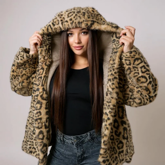 Stylische Damen-Felljacke mit Leopardenmuster und Kapuze – weicher, warmer Kunstpelz für trendige Streetstyle- oder Party-Outfits. Perfekt kombinierbar mit Jeans, Kleidern oder Lederleggings. Exklusiv bei CasinoFashion in Winterthur.