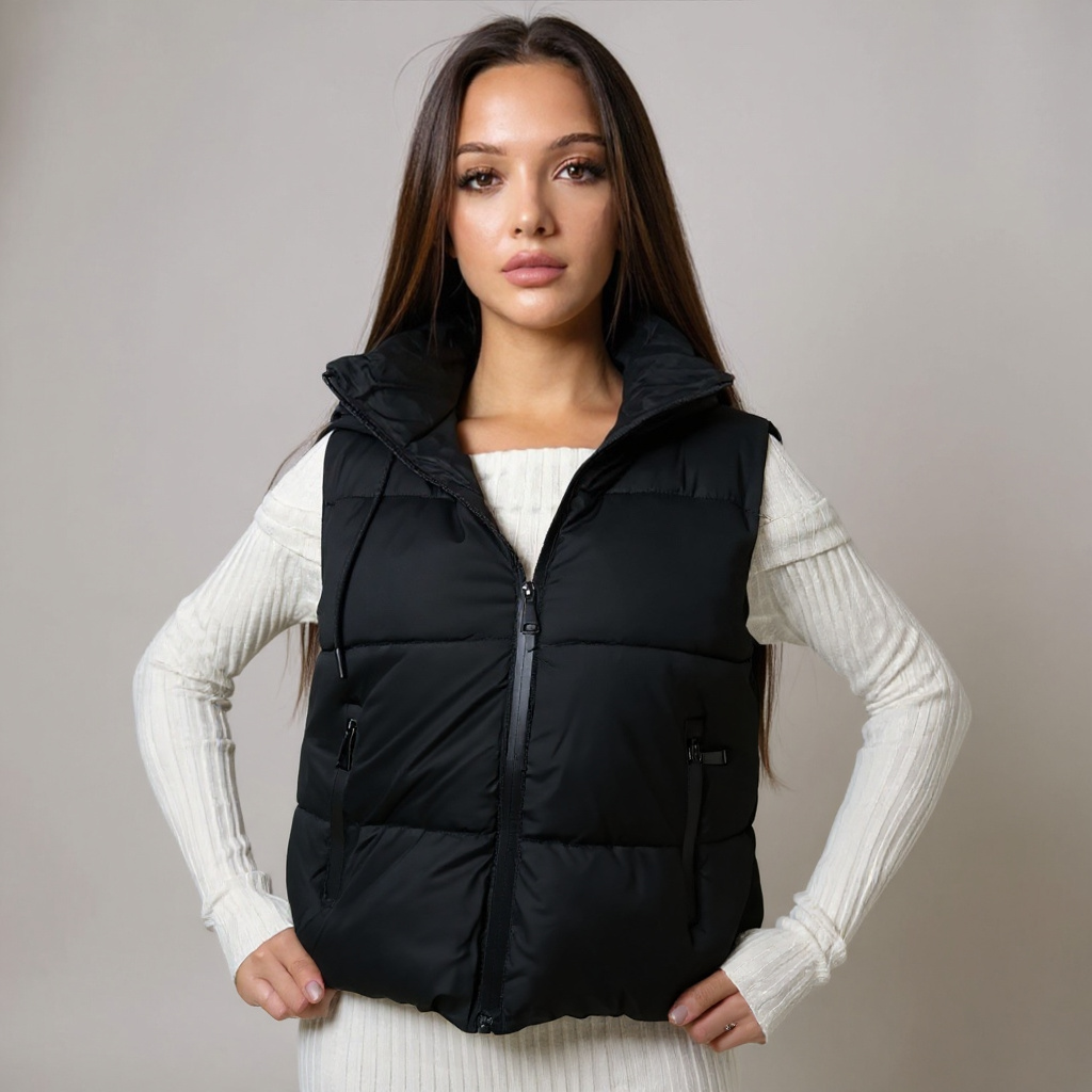 Moderne schwarze Damen-Steppweste mit Kapuze – sportlich-eleganter Look für Casual- und Streetstyle-Outfits. Perfekt für den Übergang und kühle Tage. Exklusiv bei CasinoFashion in Winterthur.
