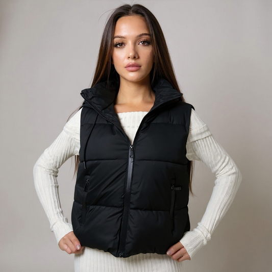 Moderne schwarze Damen-Steppweste mit Kapuze – sportlich-eleganter Look für Casual- und Streetstyle-Outfits. Perfekt für den Übergang und kühle Tage. Exklusiv bei CasinoFashion in Winterthur.
