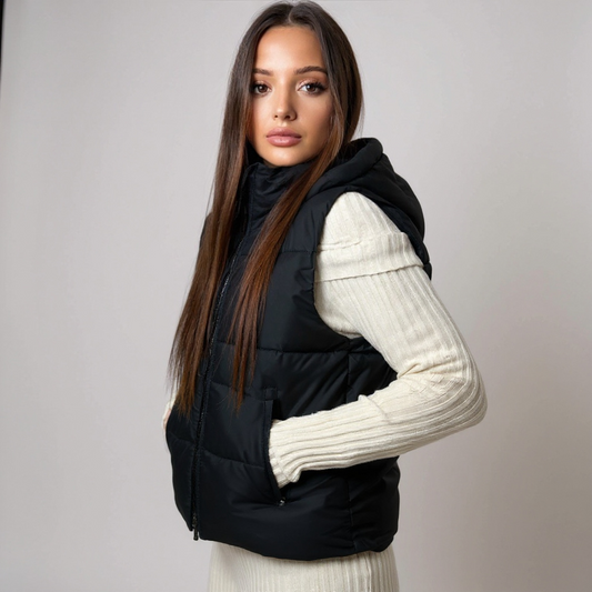 Moderne schwarze Damen-Steppweste mit Kapuze – sportlich-eleganter Look für Casual- und Streetstyle-Outfits. Perfekt für den Übergang und kühle Tage. Exklusiv bei CasinoFashion in Winterthur.