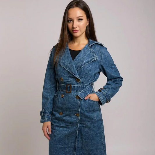 Stylischer Damen-Jeansmantel in klassischem Blau – tailliertes Design mit Gürtel und goldenen Knopfdetails für einen modernen, eleganten Look. Perfekt für Casual, Streetstyle oder Business-Casual Outfits. Exklusiv bei CasinoFashion in Winterthur.