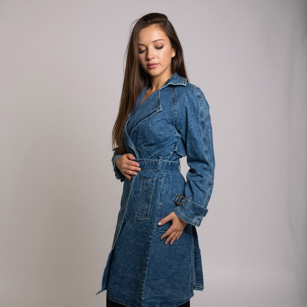 Stylischer Damen-Jeansmantel in klassischem Blau – tailliertes Design mit Gürtel und goldenen Knopfdetails für einen modernen, eleganten Look. Perfekt für Casual, Streetstyle oder Business-Casual Outfits. Exklusiv bei CasinoFashion in Winterthur.