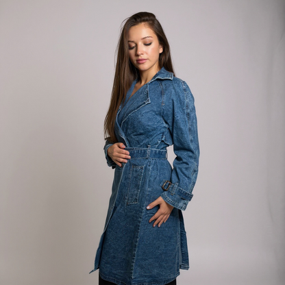 Stylischer Damen-Jeansmantel in klassischem Blau – tailliertes Design mit Gürtel und goldenen Knopfdetails für einen modernen, eleganten Look. Perfekt für Casual, Streetstyle oder Business-Casual Outfits. Exklusiv bei CasinoFashion in Winterthur.