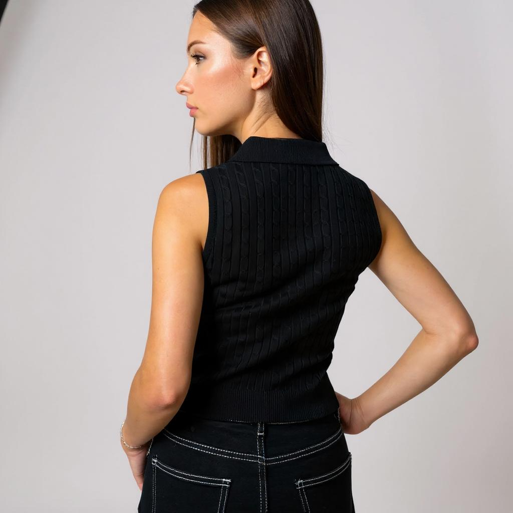 Stylisches schwarzes Damen-Stricktop ohne Ärmel mit Polokragen und Stickerei-Detail – perfekt für Casual-Chic, Streetstyle oder Sommer-Looks. Exklusiv bei CasinoFashion in Winterthur.