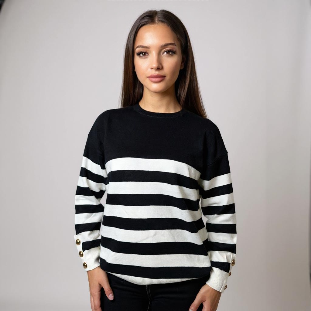 Stylischer Damen-Pullover in Schwarz-Weiss mit breiten Streifen – weicher Strick für Casual-Looks, Streetstyle oder Office-Chic. Exklusiv bei CasinoFashion in Winterthur.