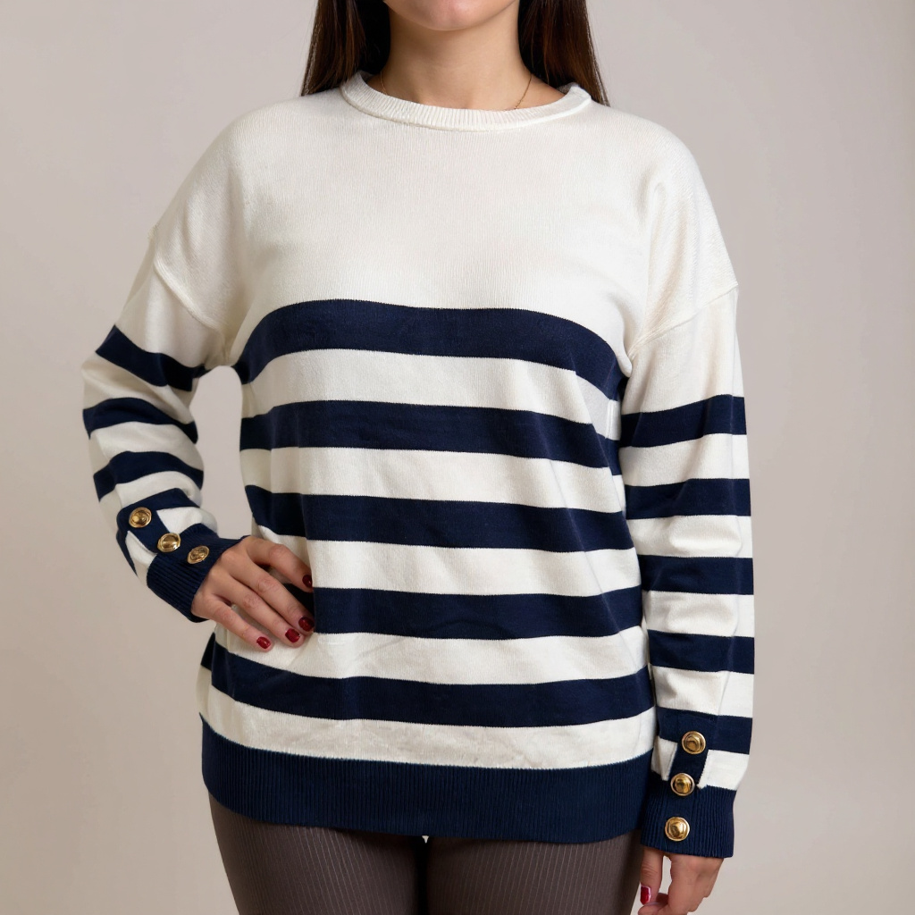 Moderner Damen-Strickpullover in Weiss mit schwarzen Streifen – zeitloser Look für entspannte Freizeit-Outfits oder schicke Business-Casual Styles. Erhältlich bei CasinoFashion in Winterthur.