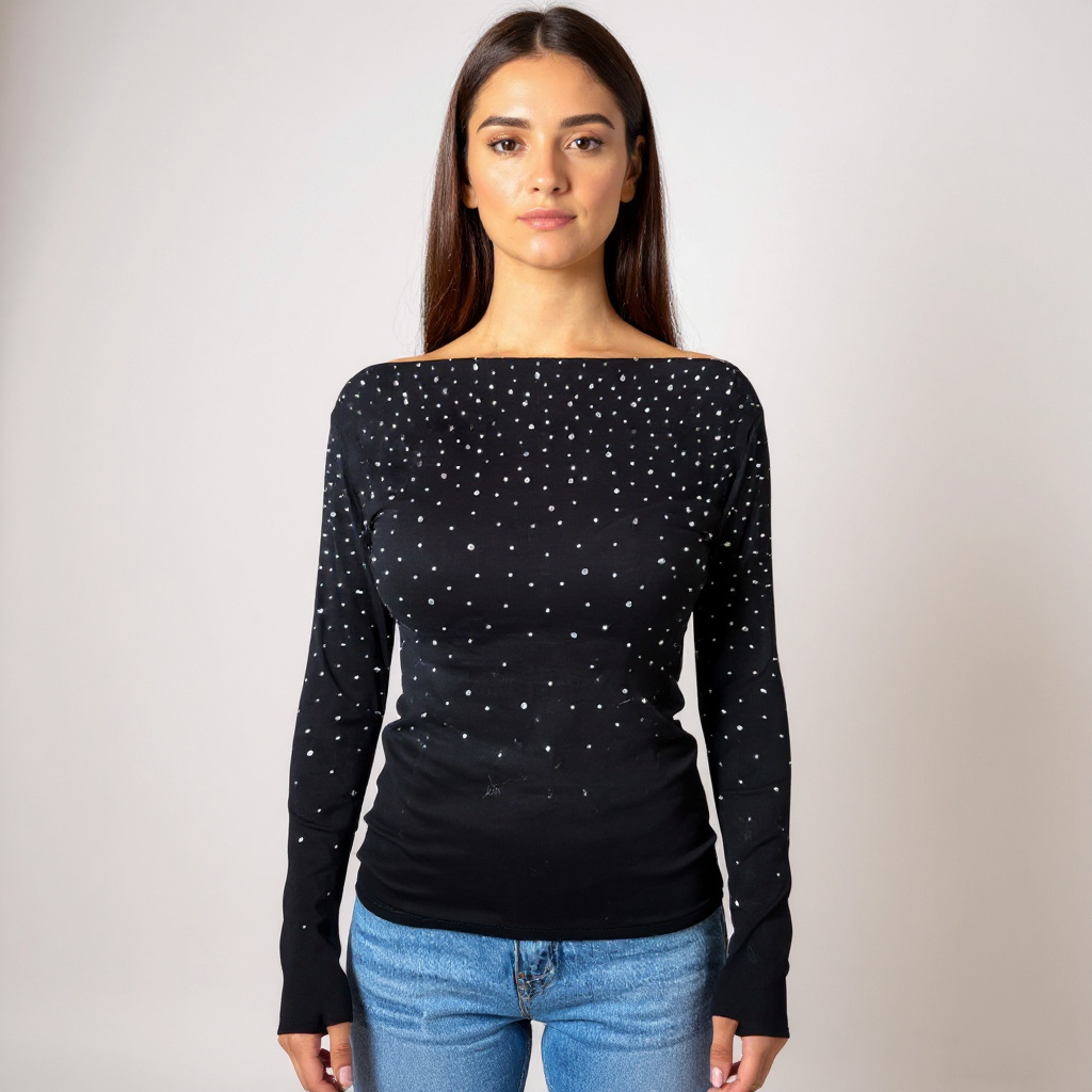 Elegantes schwarzes Damen-Off-Shoulder-Top mit funkelnden Strassdetails – figurbetontes Longsleeve, perfekt für Abendlooks, Partys oder Dinner-Dates. Erhältlich bei CasinoFashion in Winterthur.