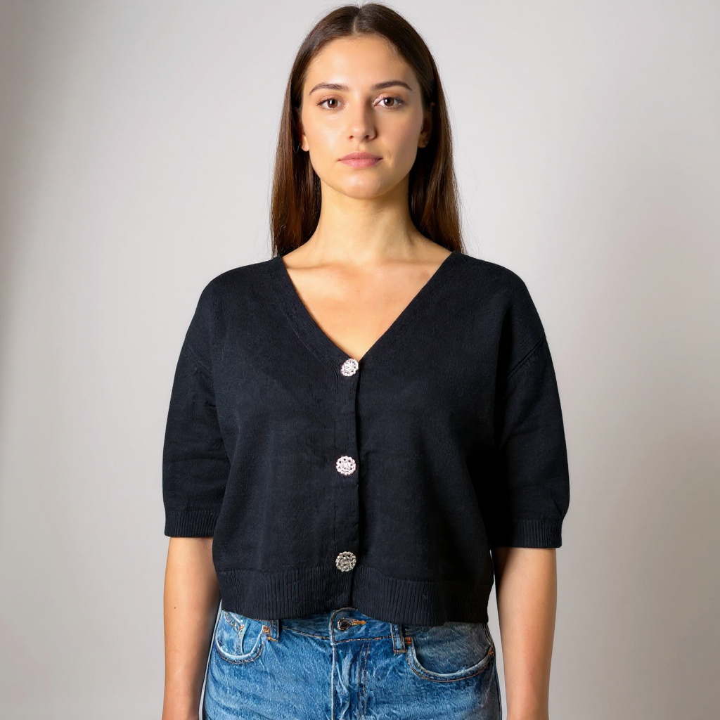 Eleganter kurzer Damen-Cardigan in Schwarz mit Knopfleiste – vielseitig kombinierbar für Casual, Business oder Layering-Looks. Erhältlich bei CasinoFashion in Winterthur.
