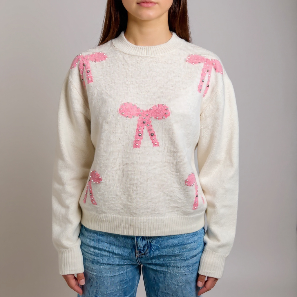 Verspielter Damen-Pullover in Creme mit rosa Schleifen – weicher Strick für feminine Casual-Looks. Perfekt kombinierbar mit Jeans oder Röcken. Exklusiv bei CasinoFashion in Winterthur.