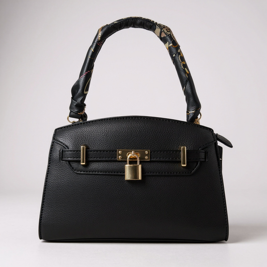 Elegante schwarze Damen-Handtasche aus Lederimitat mit goldenen Details und dekorativem Schloss – kompakte und stilvolle Bag für Business, Dinner oder Alltag. Exklusiv bei CasinoFashion in Winterthur.