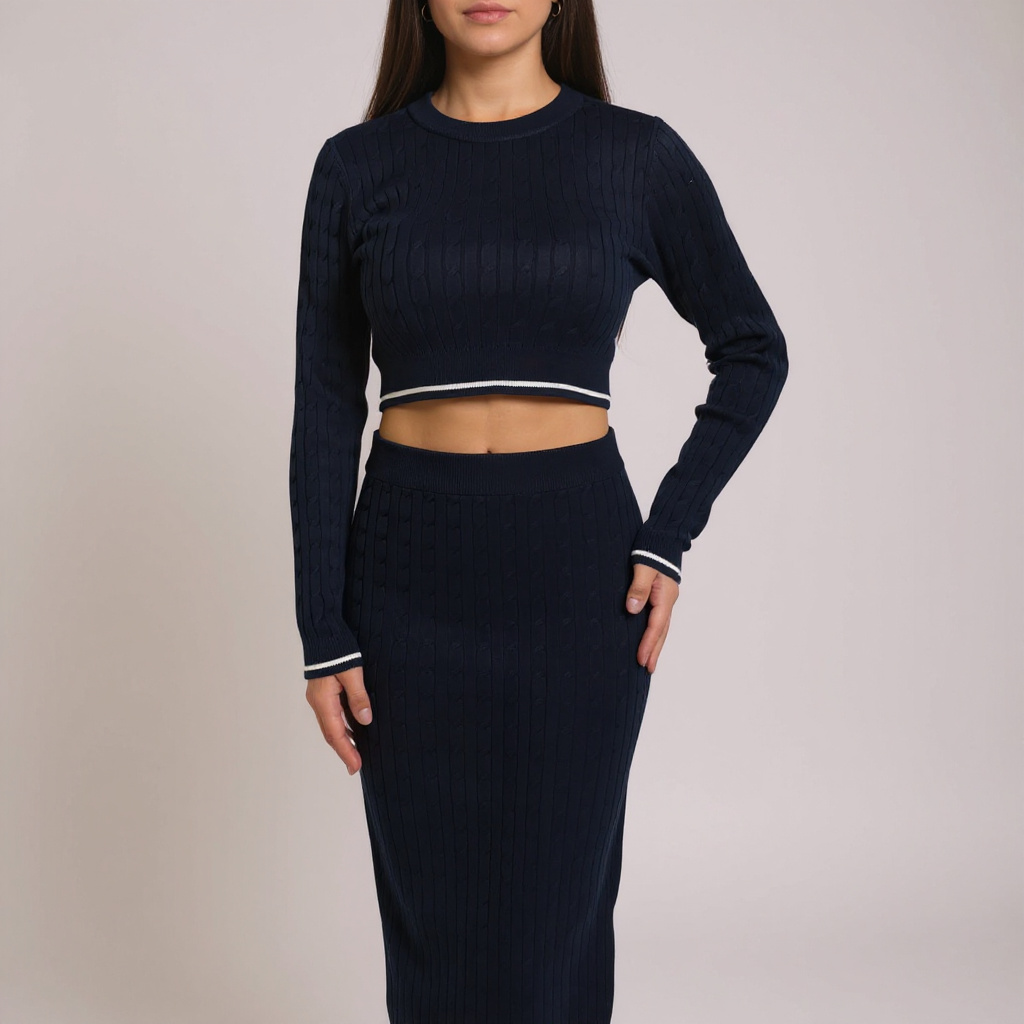 Stilvolles Damen-Strick-Set in Navy-Blau – figurbetontes Set mit cropped Pullover und passendem Rock für elegante oder lässige Looks. Jetzt shoppen bei CasinoFashion in Winterthur.
