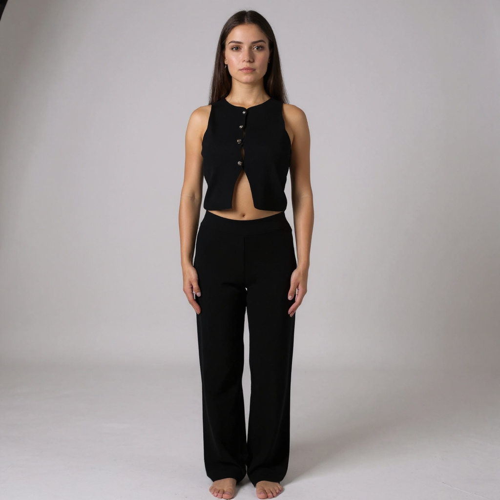 Stylisches Damen-Set in Schwarz – ärmelloses Top mit Knopfleiste und passende Hose für einen eleganten, aber bequemen Look. Ideal für Casual-Chic, Dinner oder Night-Out. Exklusiv bei CasinoFashion in Winterthur.