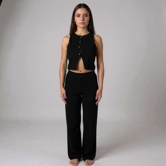 Stylisches Damen-Set in Schwarz – ärmelloses Top mit Knopfleiste und passende Hose für einen eleganten, aber bequemen Look. Ideal für Casual-Chic, Dinner oder Night-Out. Exklusiv bei CasinoFashion in Winterthur.