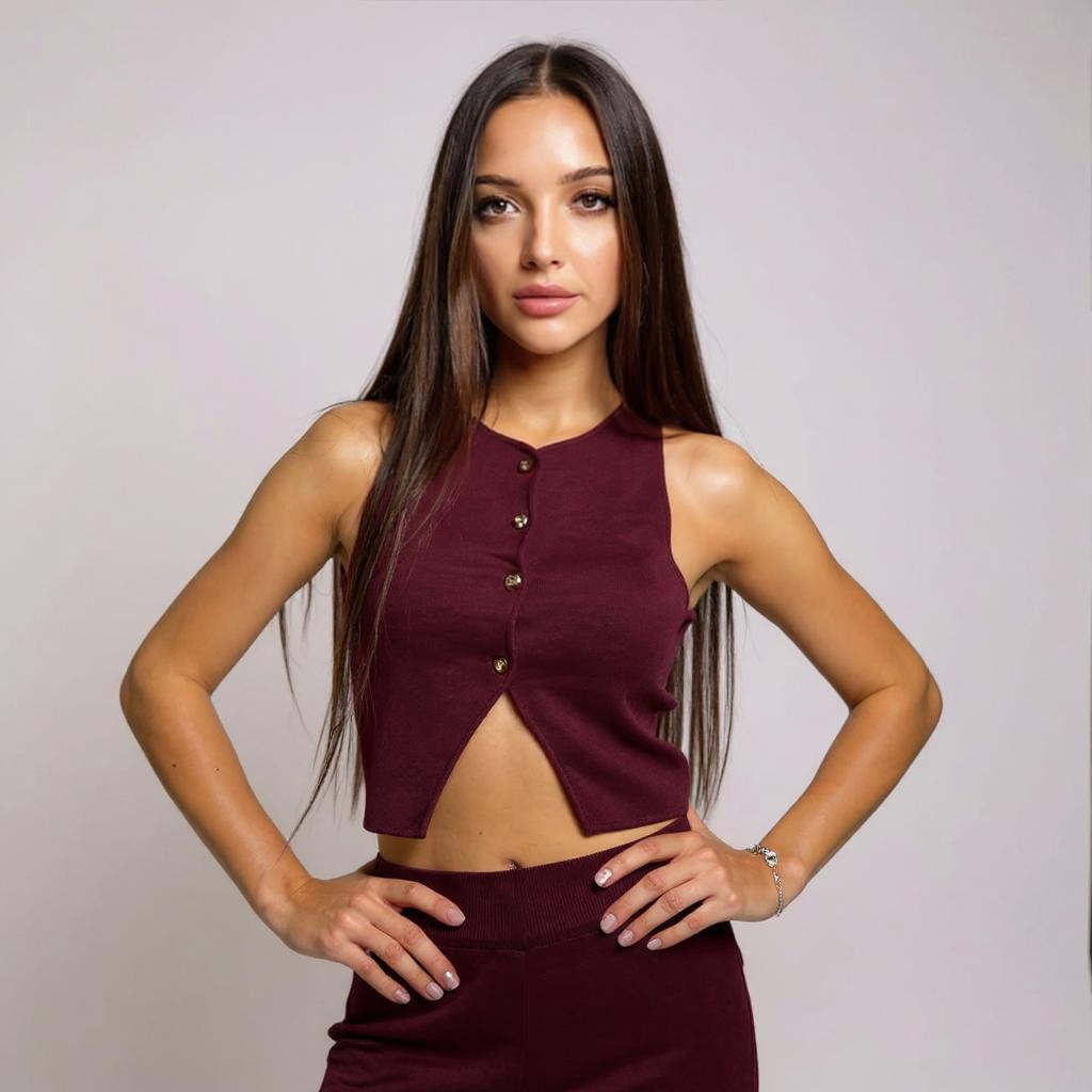 Chices Damen-Zweiteiler-Set in Bordeaux – ärmelloses Crop-Top und passende Hose für stylische Casual- und Party-Looks. Exklusiv erhältlich bei CasinoFashion in Winterthur.