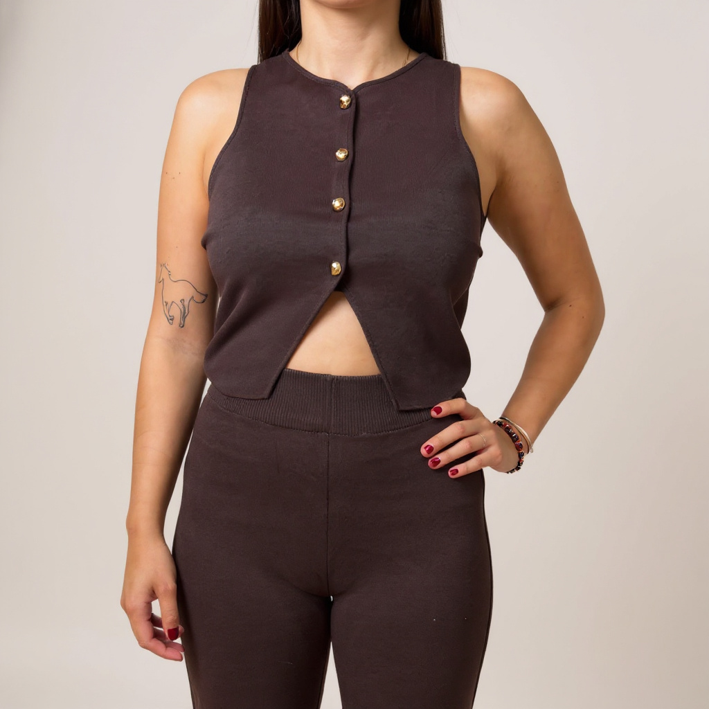 Trendiges Damen-Zweiteiler-Set in Braun mit cropped Top und High-Waist-Hose – figurbetont und bequem, perfekt für Streetstyle oder elegante Anlässe. Erhältlich bei CasinoFashion in Winterthur.
